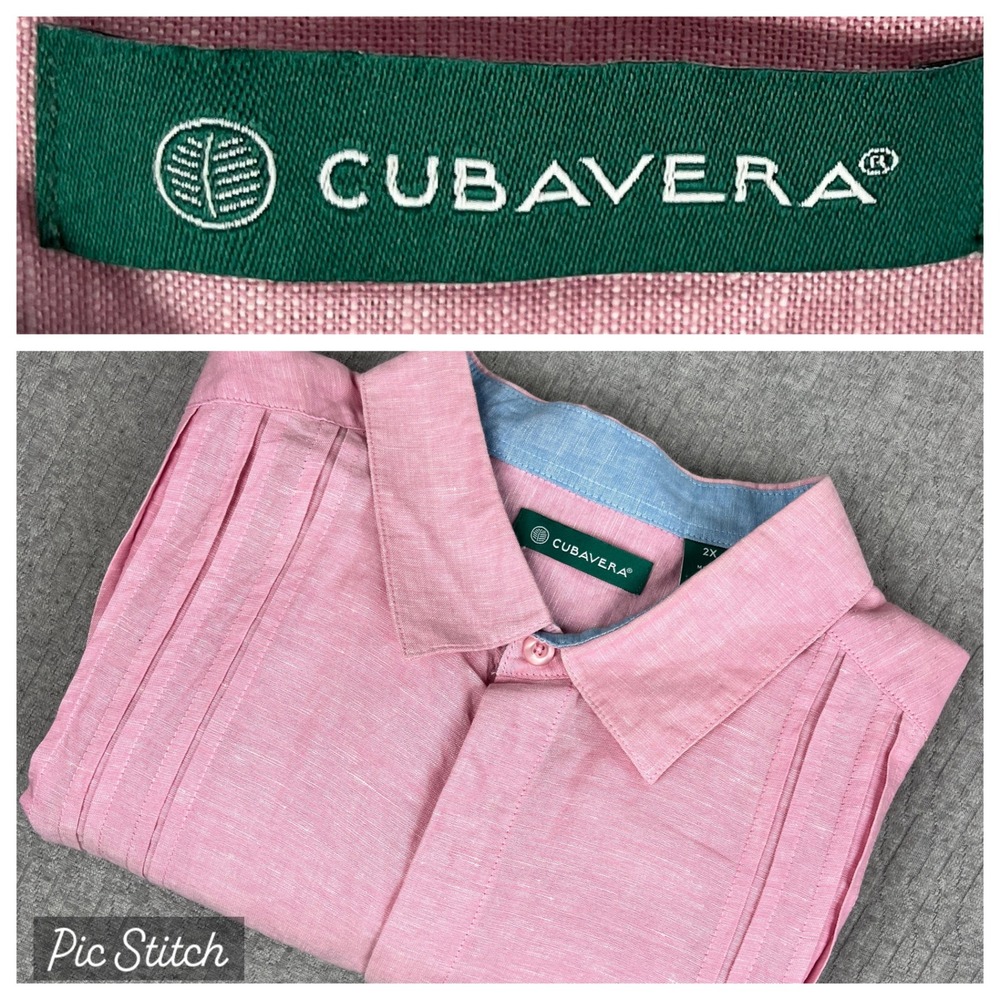 New Cubavera‎ Guayabera Shirt Mens 2X Pink Linen Blend Short Sleeve Pleated